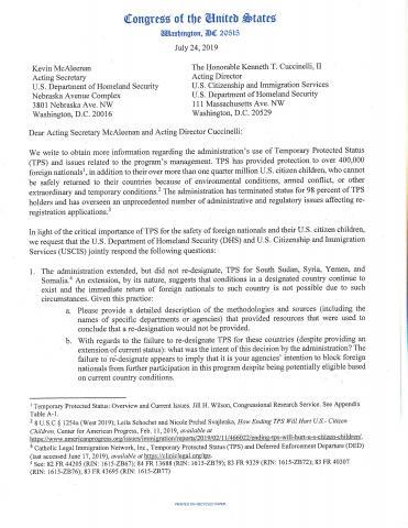 USCIS Acting Director Cuccinelli Letter to Congress Regarding TPS and ...