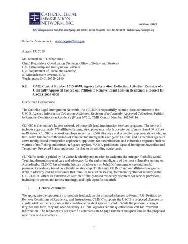 CLINIC Submits Comments On Proposed Changes To USCIS Form I 751   Final Clinic Comment To Uscis Proposd Changes To Form I 751 13 Aug 2019 Cover 